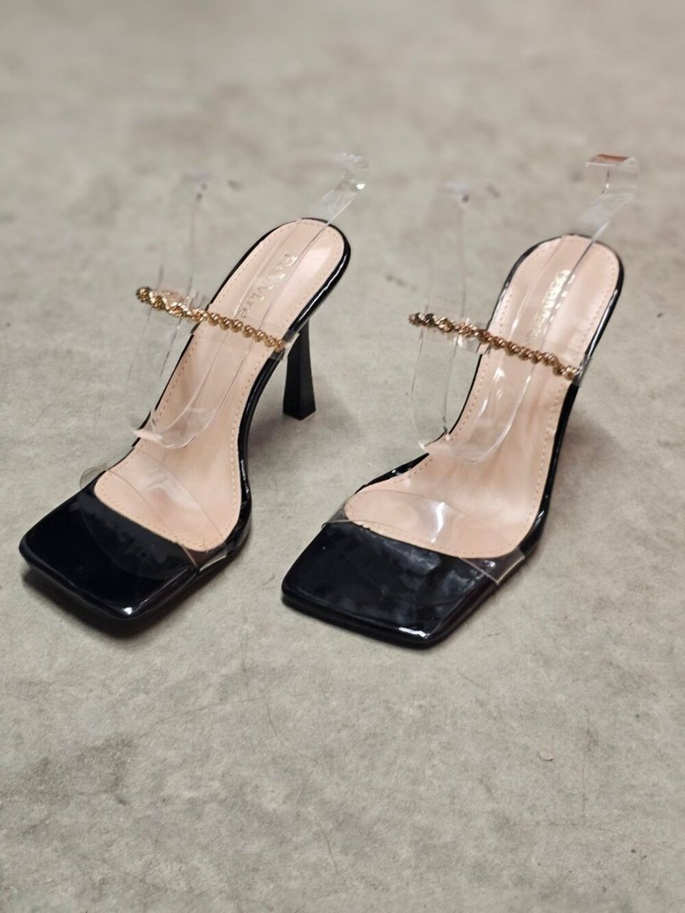 Clear Strap Stiletto Heels With Gold Chain Accent & Square Toe Design Elegant Tr